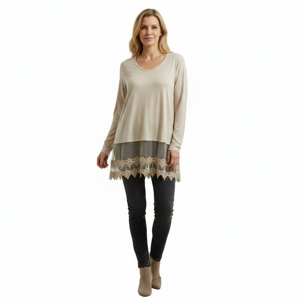Back In The Saddle Womens Light Beige Lace Trim V-Neck Blouse Boho Casual Size L